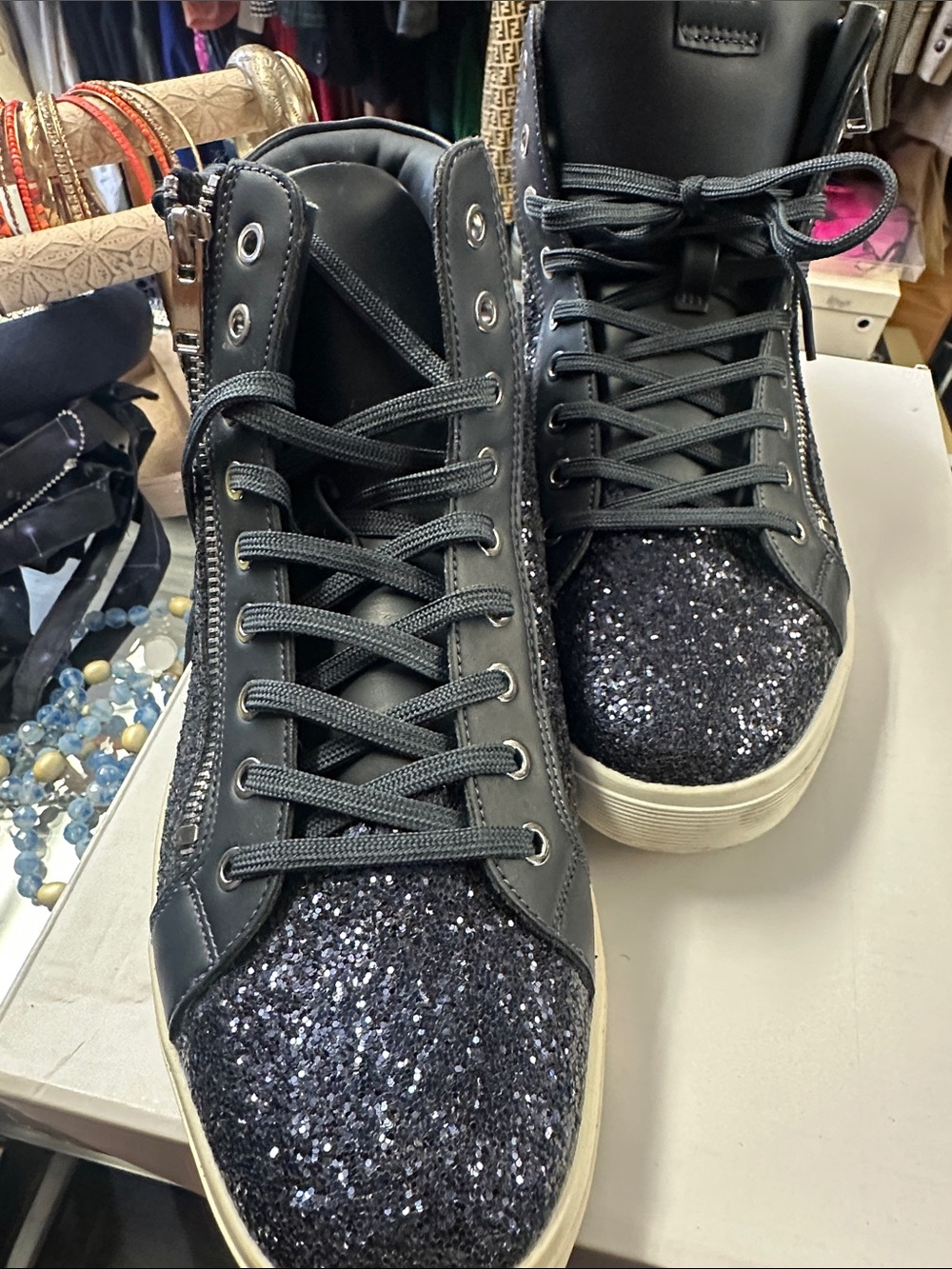 Aldo Black Glitter High-Top Sneakers
